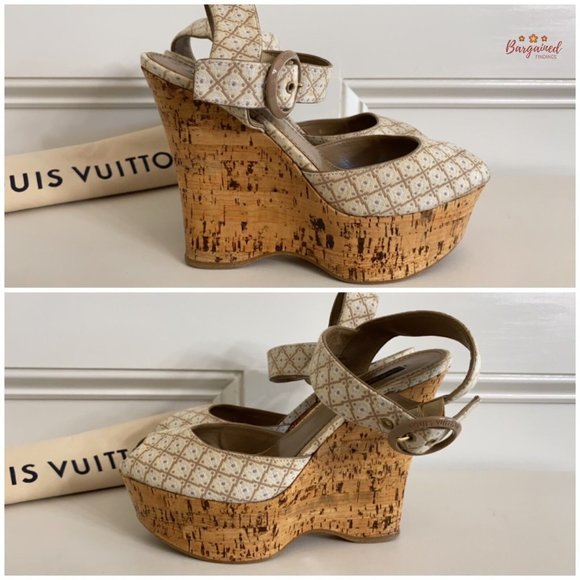 Authentic Louis Vuitton Cream Beige Printed Wedge Cork Platform Sandals 39.5/9.5 - Picture 10 of 14